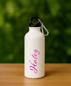 Personalized Matte White Metal Water Bottle – Fuchsia Script Name Design