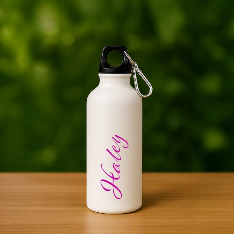 Personalized Matte White Metal Water Bottle – Fuchsia Script Name Design