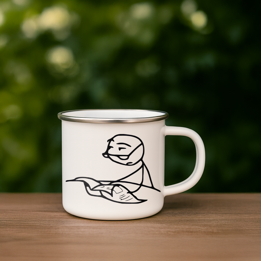 Masked Stick Figure Reading – Custom Enamel Camping Mug