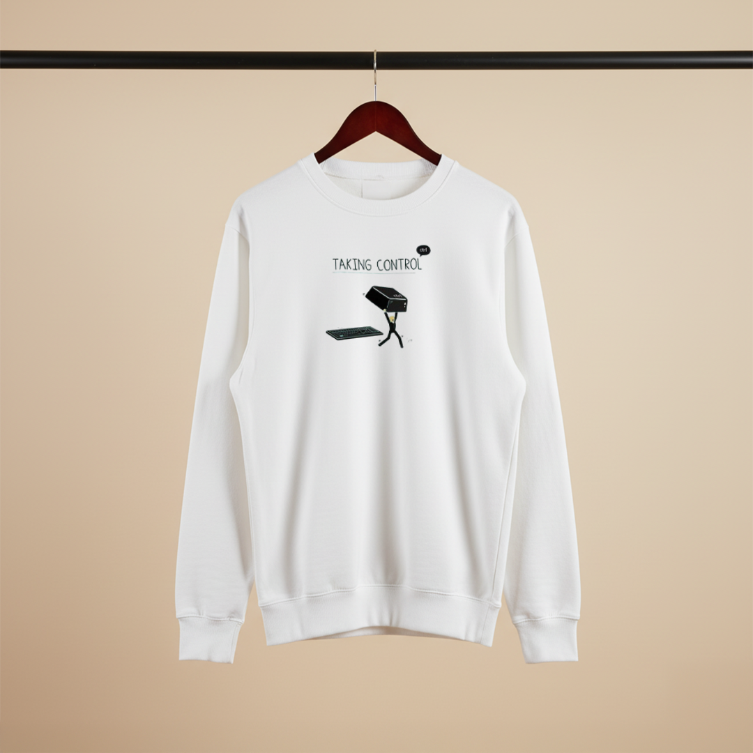 Taking Control Tech Pun White Crewneck Sweatshirt