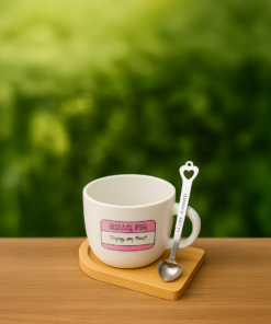 Hello I'm Trying My Best – Custom Ceramic Mug & Engraved Heart Spoon Set