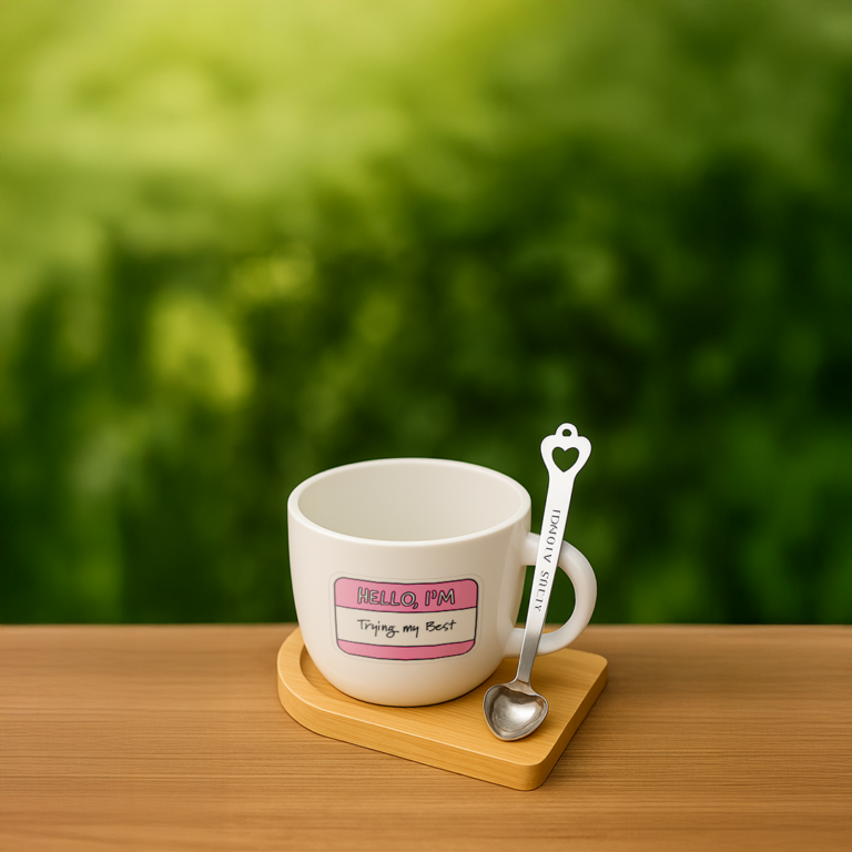Hello I'm Trying My Best – Custom Ceramic Mug & Engraved Heart Spoon Set