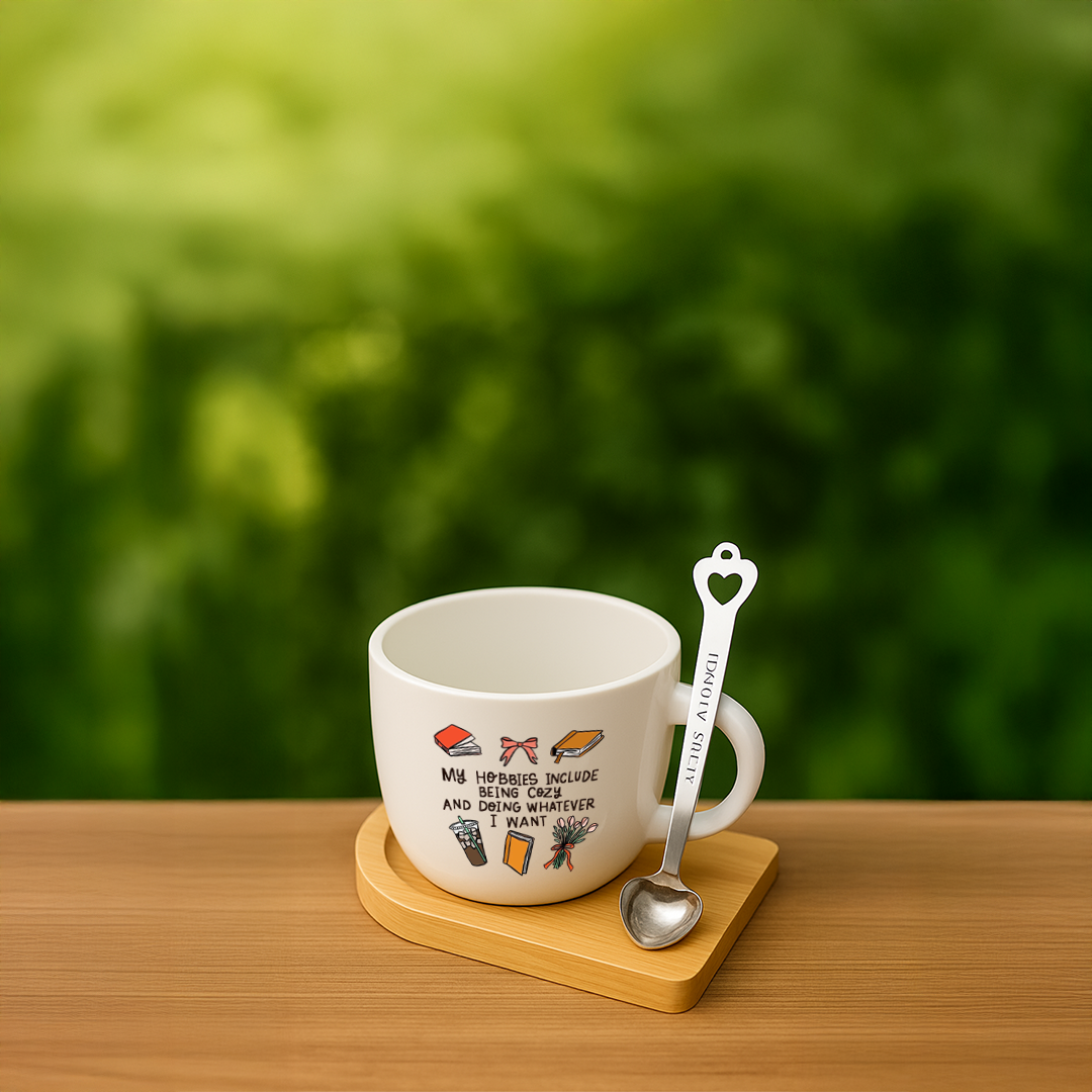 Cozy & Independent Vibes – Funny Ceramic Mug Set with Heart Spoon