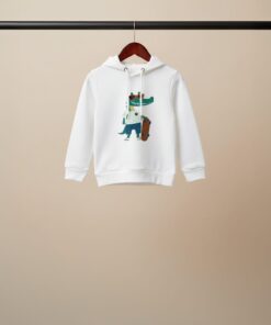 Cartoon Alligator Skateboard White Pullover Hoodie