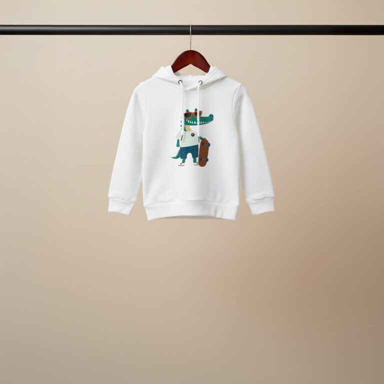 Cartoon Alligator Skateboard White Pullover Hoodie