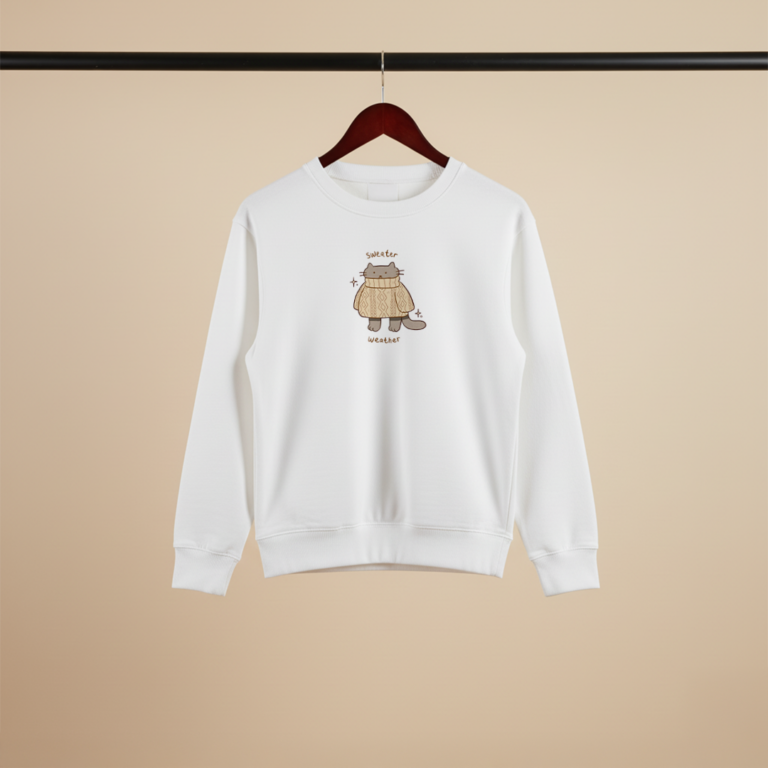 Sweater Weather Cat – Cozy White Crewneck Sweatshirt