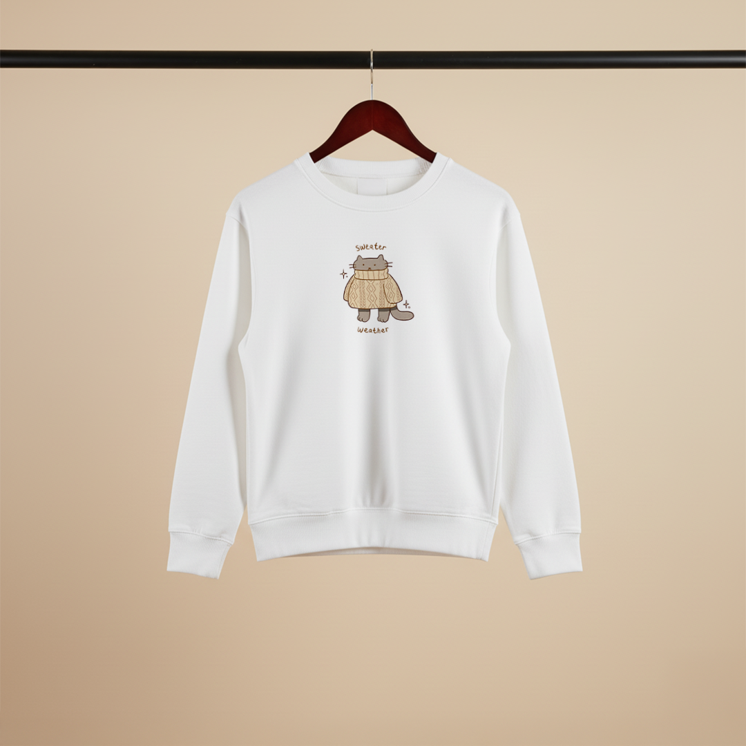 Sweater Weather Cat – Cozy White Crewneck Sweatshirt