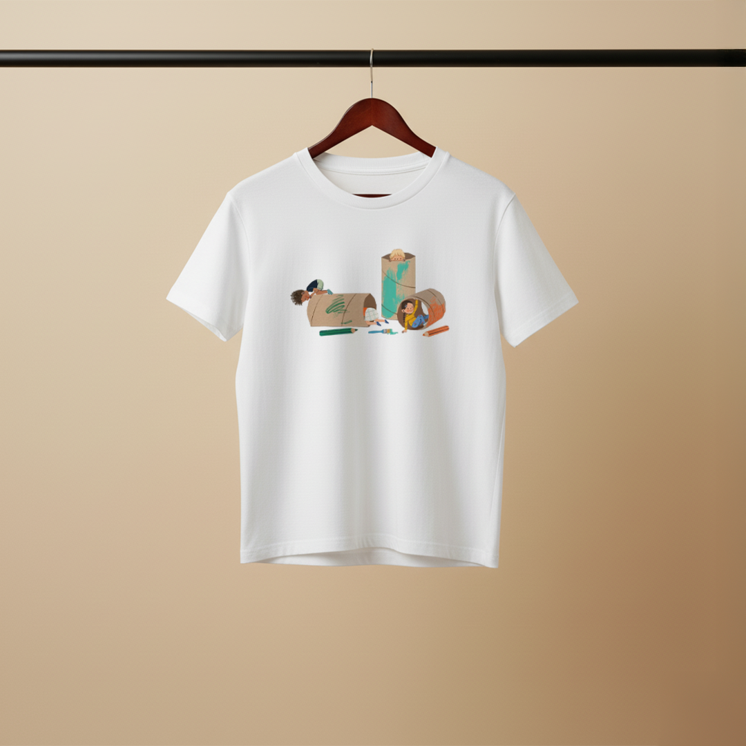 Creative Cardboard Kids – Playful Illustration T‑Shirt