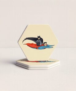 Superman & Batman Whimsical Cartoon Hexagonal Coaster Set