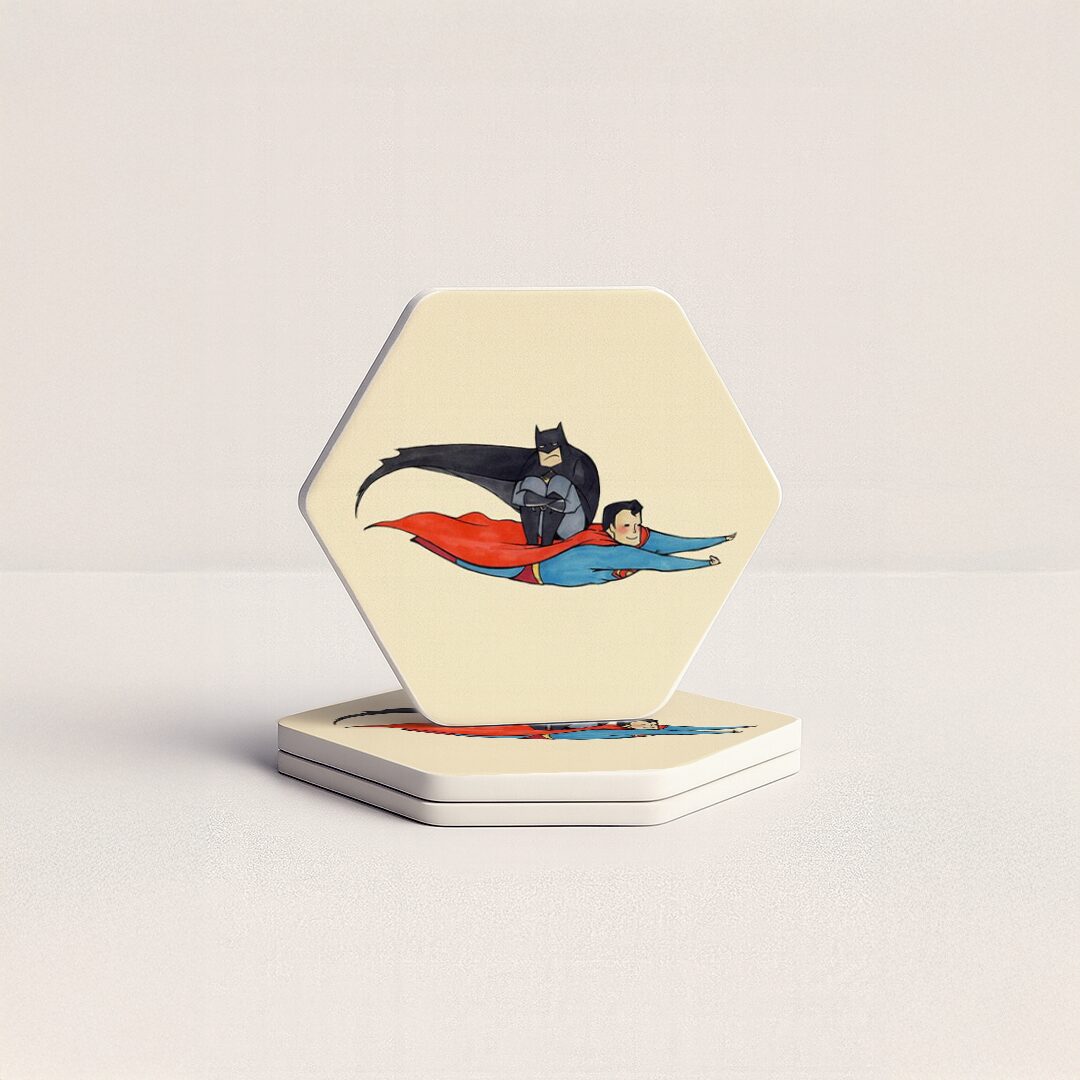 Superman & Batman Whimsical Cartoon Hexagonal Coaster Set