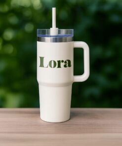 Custom Name Cream Insulated Tumbler with Handle and Straw