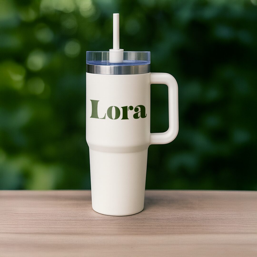 Custom Name Cream Insulated Tumbler with Handle and Straw
