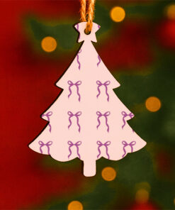 Pastel Pink Christmas Tree Ornament with Purple Ribbon Bow Pattern